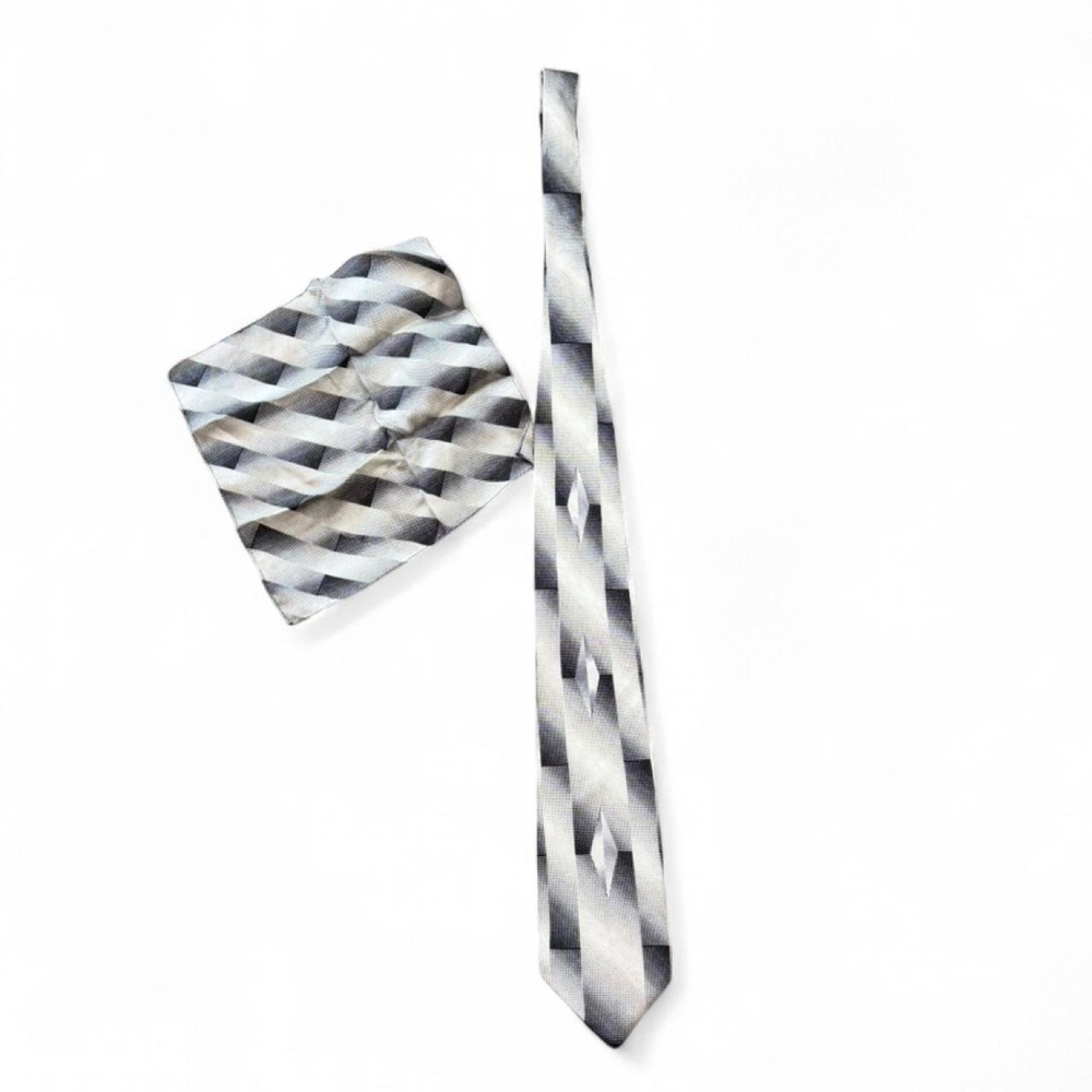 Vintage 90s Stylista Italia Geometric Optical Illusion Silk Tie & Pocket Square